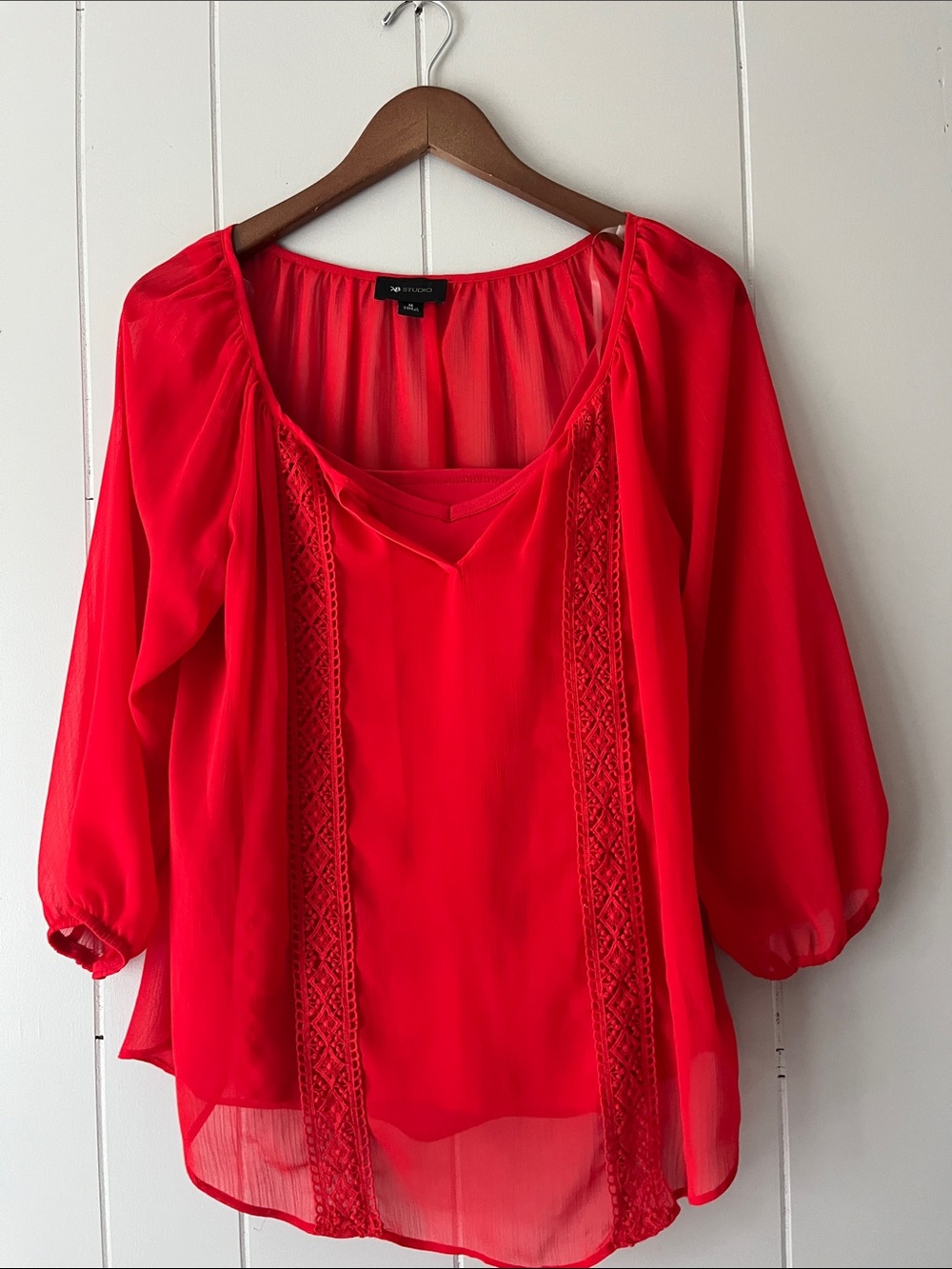 Studio Vibrant Red Sheer Peasant Blouse